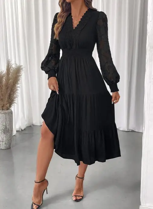 Abito longuette elegante con scollo a V in pizzo da donna nuovo autunno, manica trasparente e orlo a strati abito in tinta unita