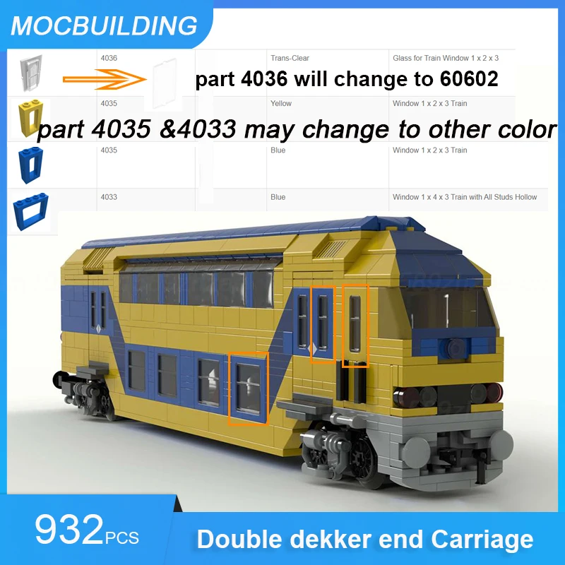 MOC Building Blocks Dutch NS Double Dekker End Carriage DDZ Train DIY Assemble Bricks Transportation Creative Toys Gifts 932PCS