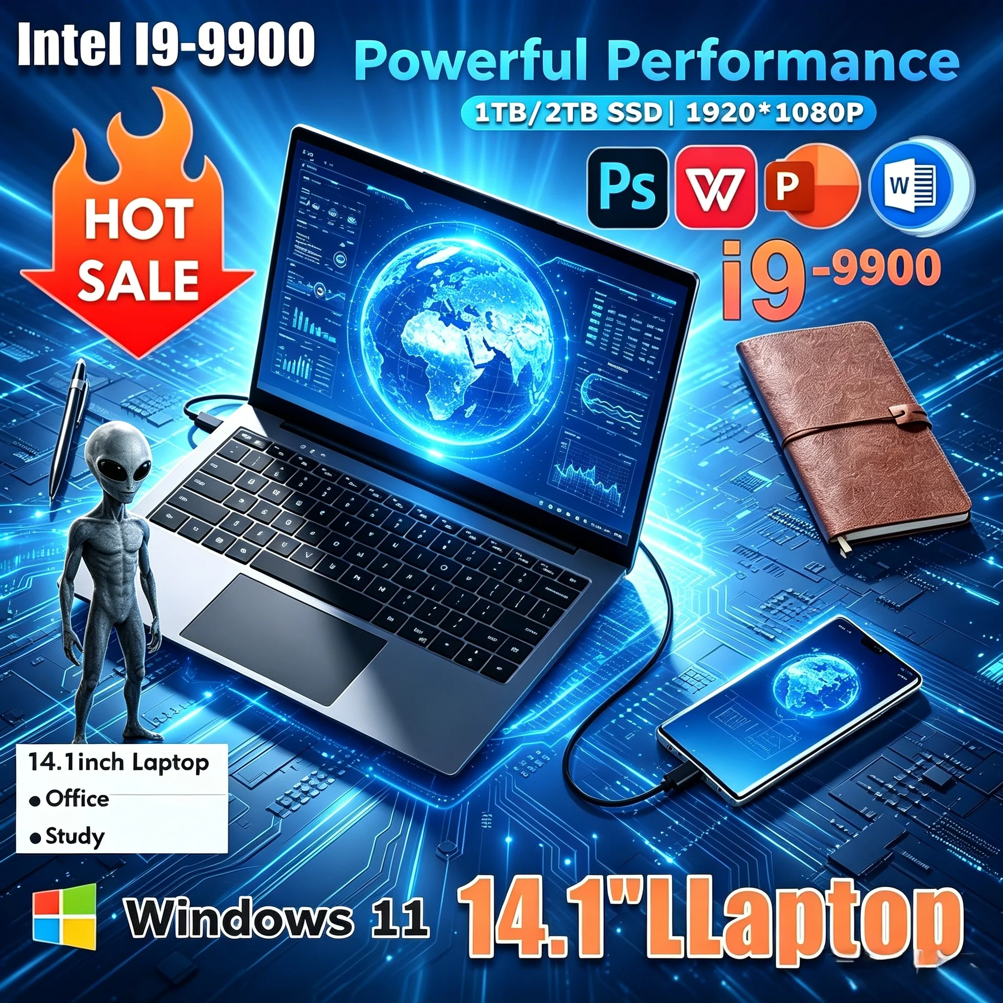 

2026 New 14.1 Inch Ultra Slim Laptop Intel Core I9-9900 Win11 16GB 32GB DDR4 RAM 2TB SSD Portable Business Office Gaming Noteboo