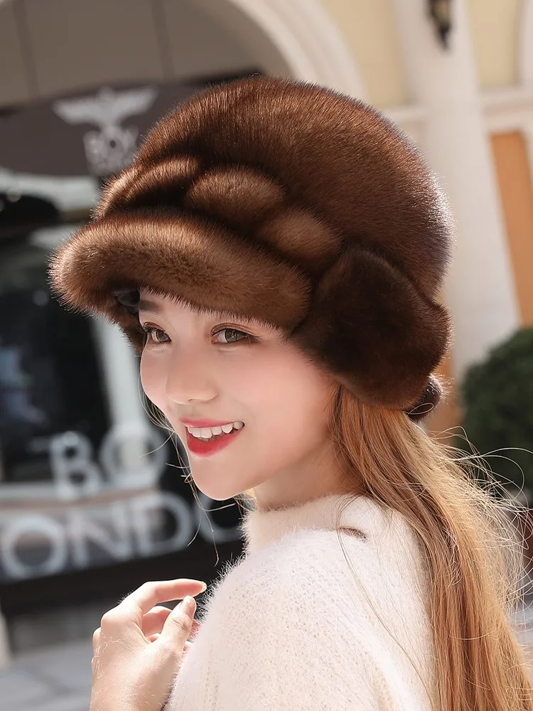 

Leather hat ladies new old real fur whole day Mom
