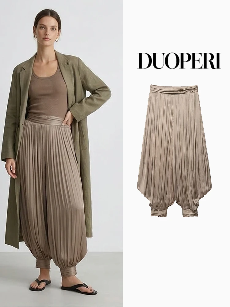 

Женские модные плиссированные брюки-блумеры DUOPERI цвета хаки с боковой молнией, винтажные, с высокой талией, полной длины, шикарные женские брюки