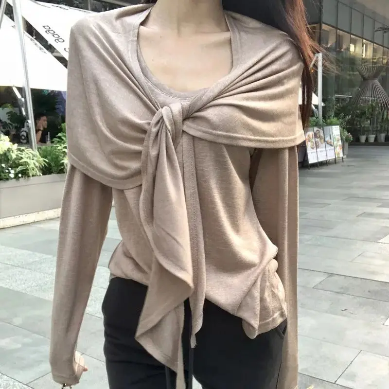 2024 Fall pullover tops hot girl design shawl two-piece long-sleeved T-shirt women's design top