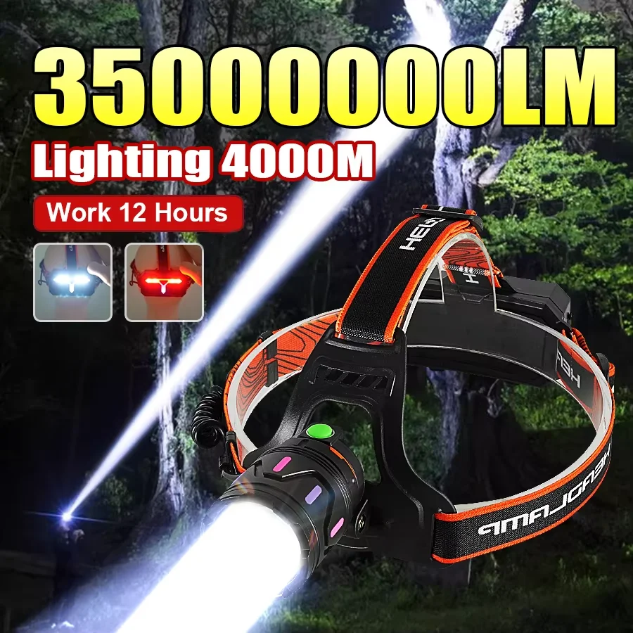

350000000LM High Power LED Headlight Long Shot 4000M Headlamp With Tail Light USB Rechargeable Headlight 18650 Camping Lantern