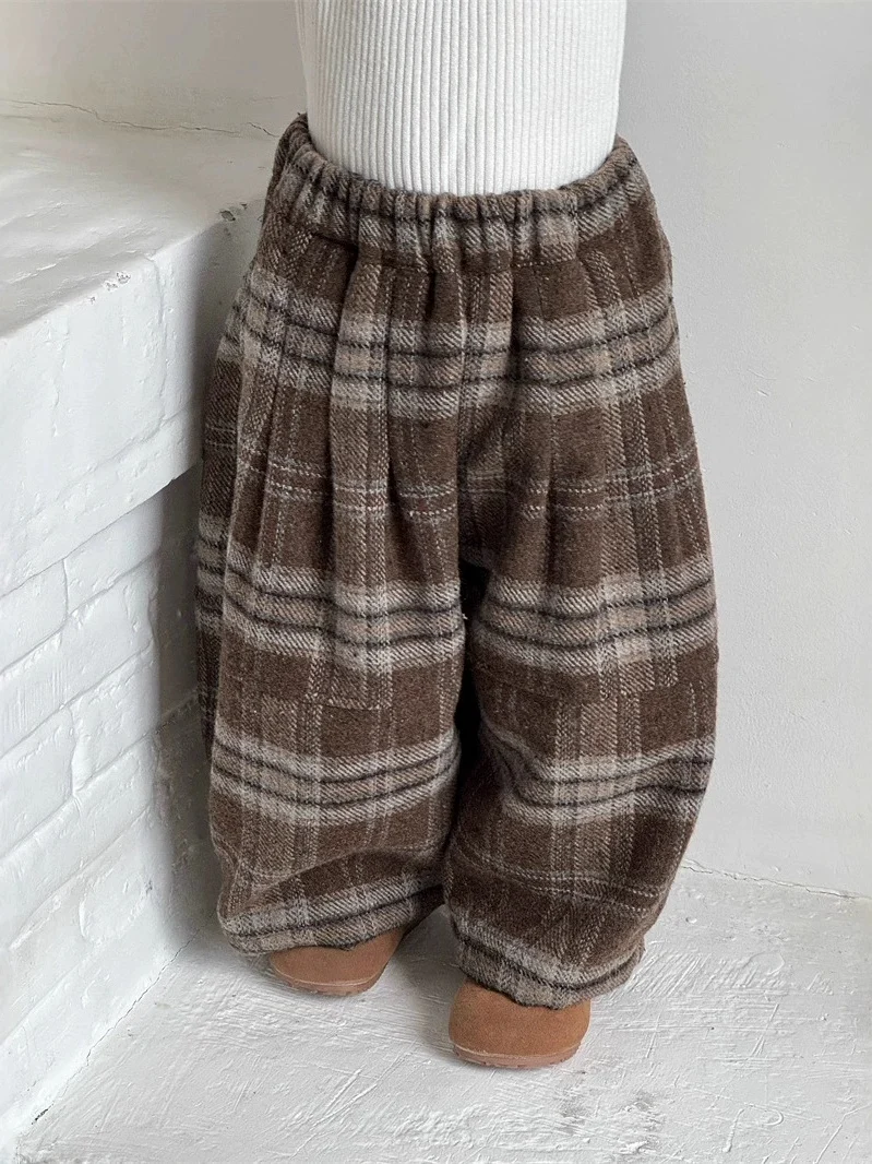 

Детские зимние широкие брюки на подкладке, повседневные свободные брюки, шерстяная клетчатая одежда для маленьких мальчиков и девочек, прямая штанина с высокой талией