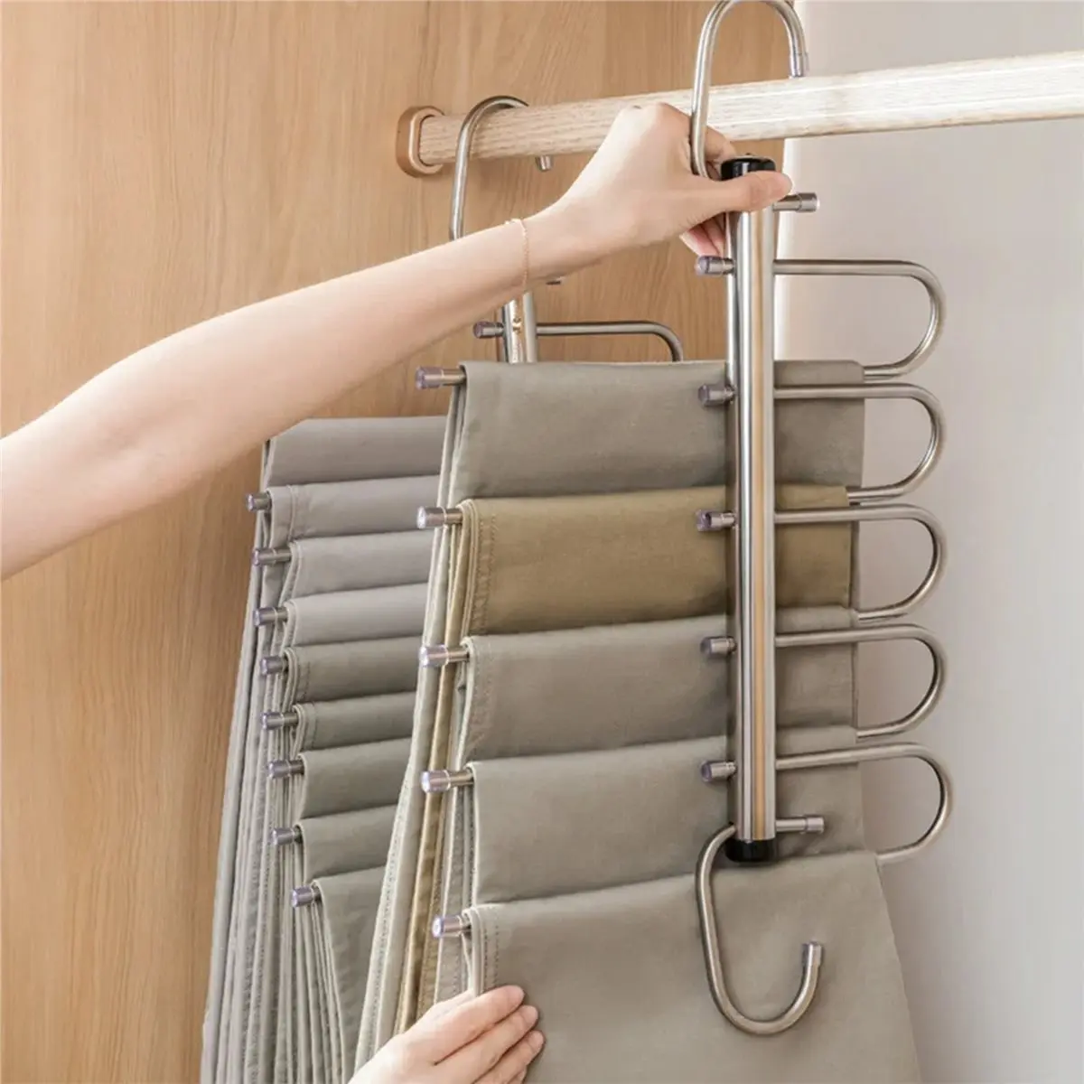 EYFL-3X 5 Layers Folding Pants Hangers Stainless Steel Space Saving Clothes Rack Organizer For Wardrobe Jeans Trousers Scarf view 6