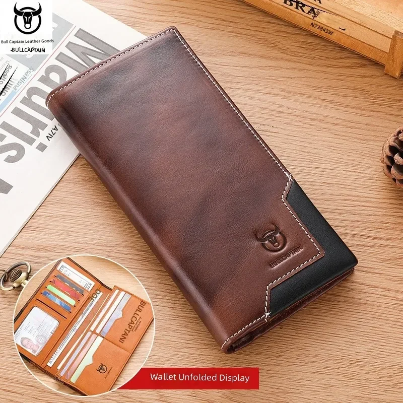 Men Long Genuine Leather Wallet,Vintage Waxed Leather Design, Layer Cowhide Bifold Wallet,Large Capacity Coin Purse Card Holder