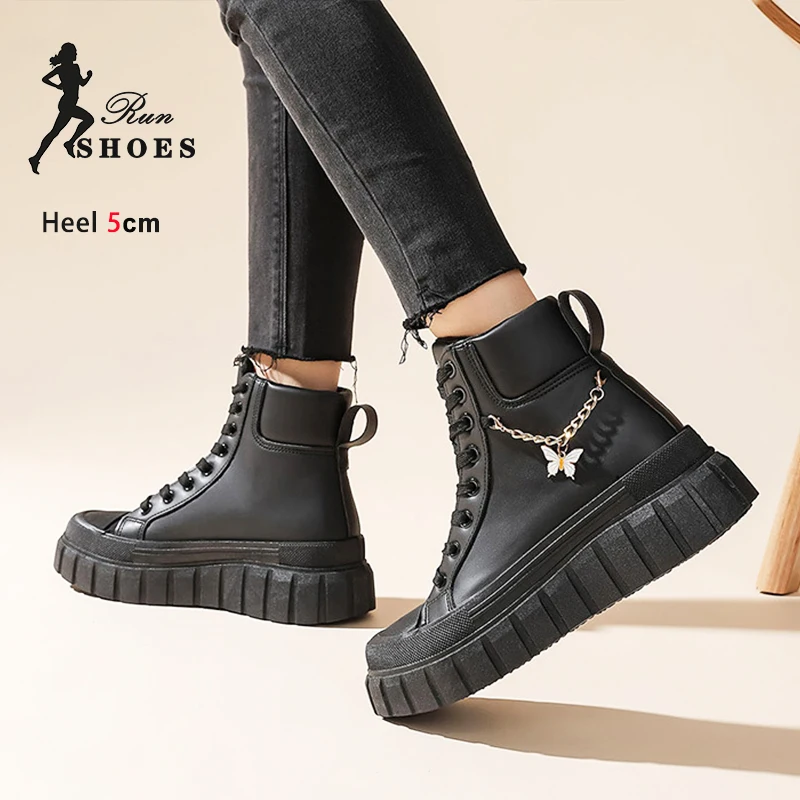 Lace-up Short Boots For Women Soft Thick Bottom Sneakers Size 42 Black Ankle Boots 2024 Autumn Winter Woman Leather Casual Shoes