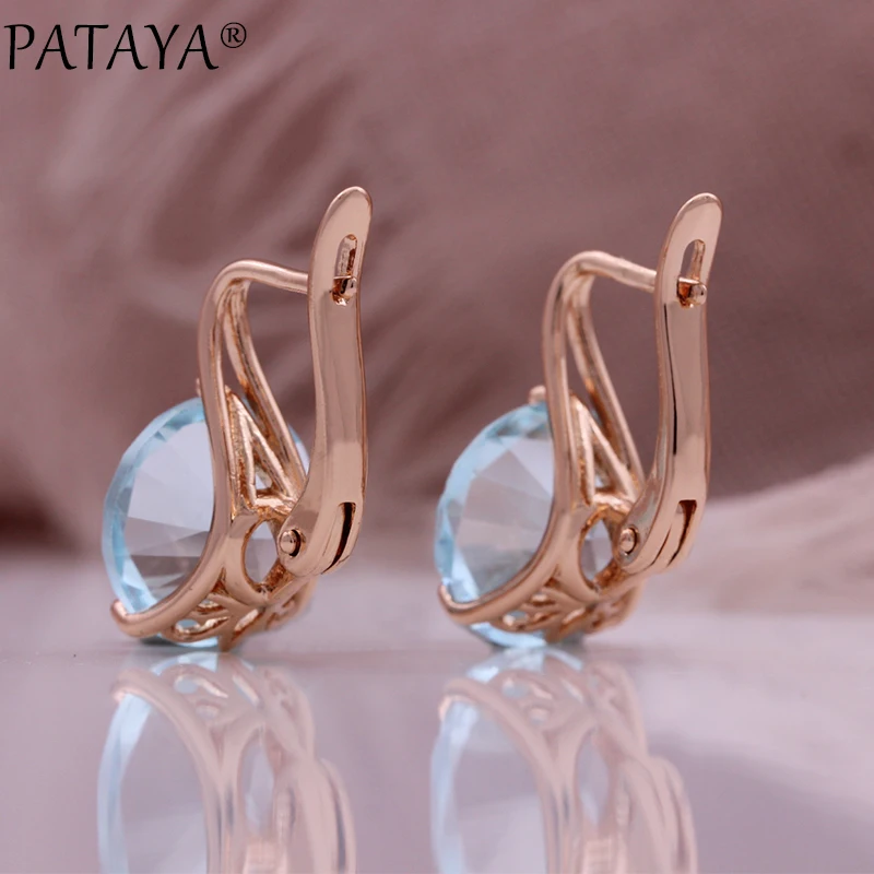 PATAYA Light Blue Round Zirconia Fine Earrings 585 Rose Gold Color Simple Jewelry Women For Earrings Daily Versatile