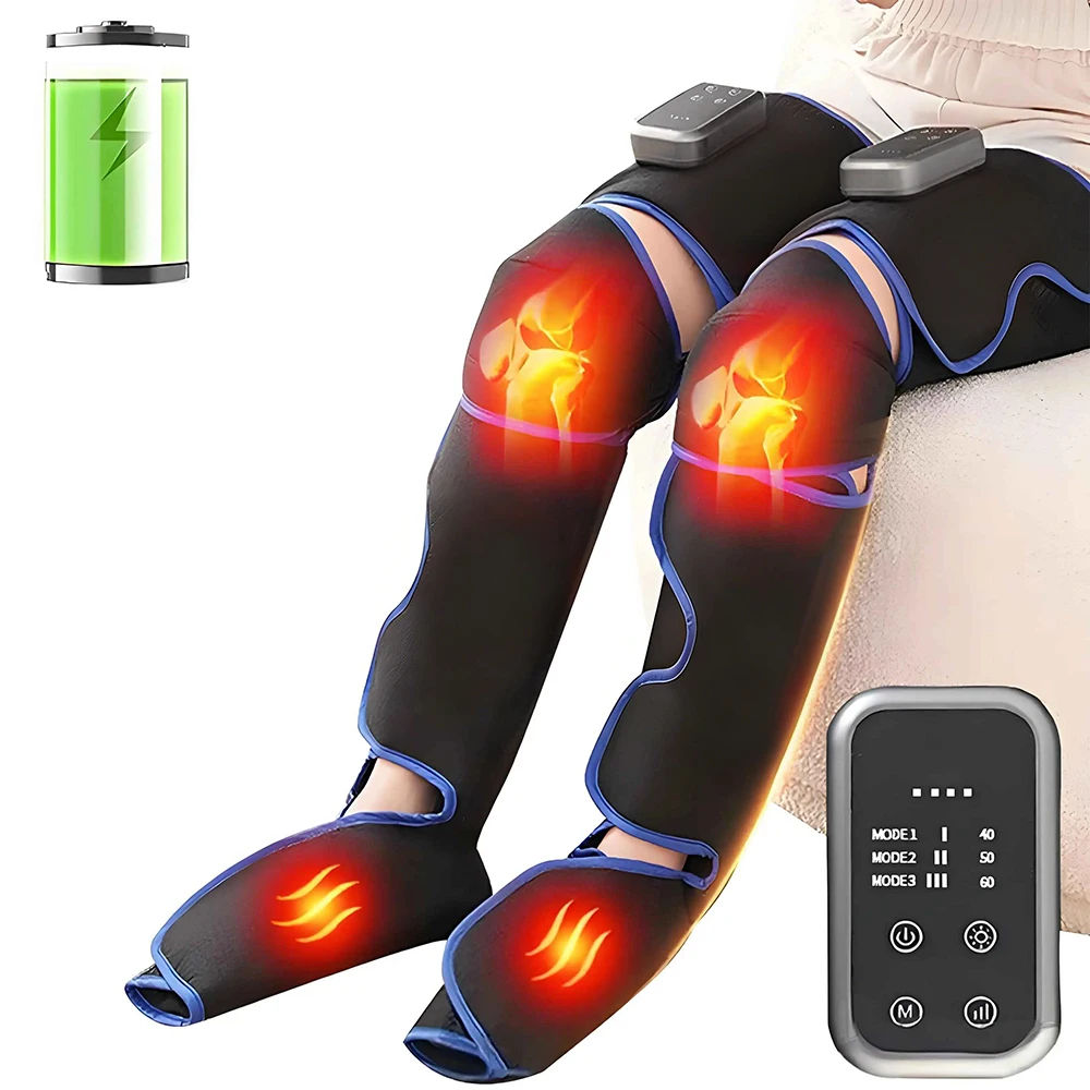 Rechargeable Leg Massager with Heat & Air Compression - 3-Level Pain Relief Wrap for Circulation Boost & Muscle Recovery LED