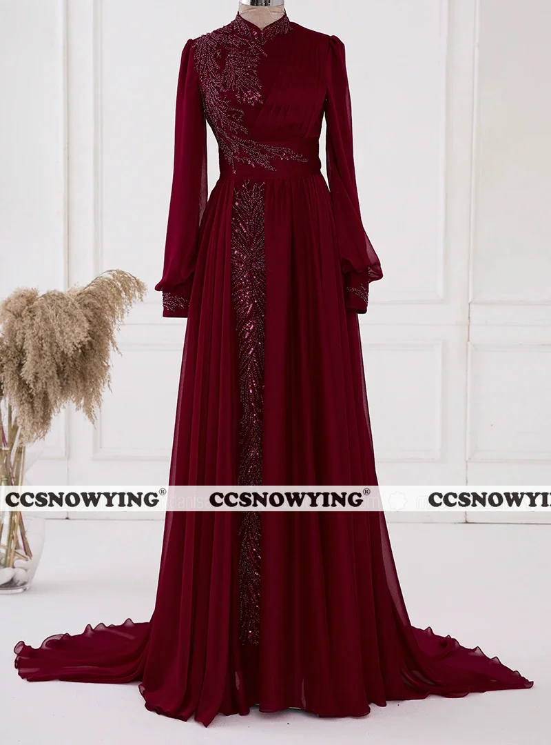 

Burgundy Chiffon Long Sleeve Muslim Evening Dresses Islamic Hijab Formal Party Gown High Neck Women Arabic Kaftan Robe De Soiree