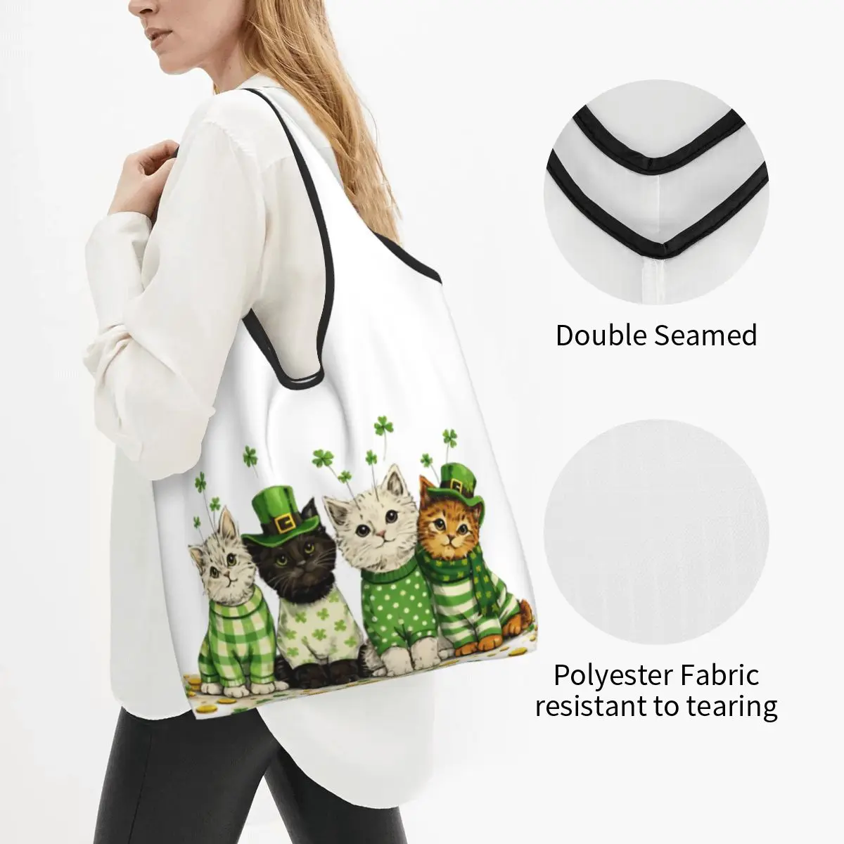 St Patrick's Day Cats Funny Lucky Day Grocery Bags Durable Large Reusable Recycle Heavy Duty Shopping Tote Bag Attached Pouch