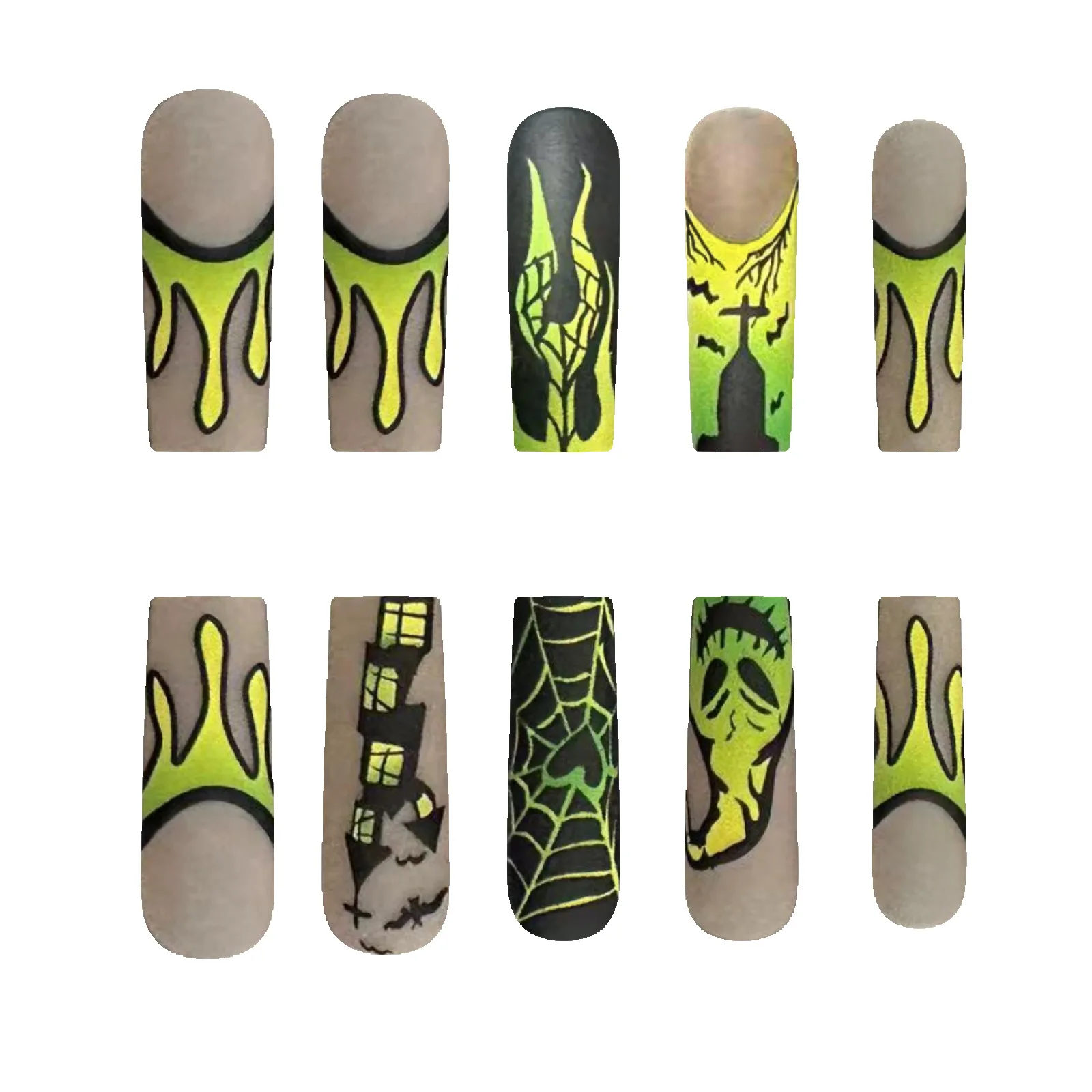 24pcs Green Witch Castle Fale nails Halloween Series Long Coffin Acrylic Nail Art Patch Full Cover Detachable Press on Nail Tips