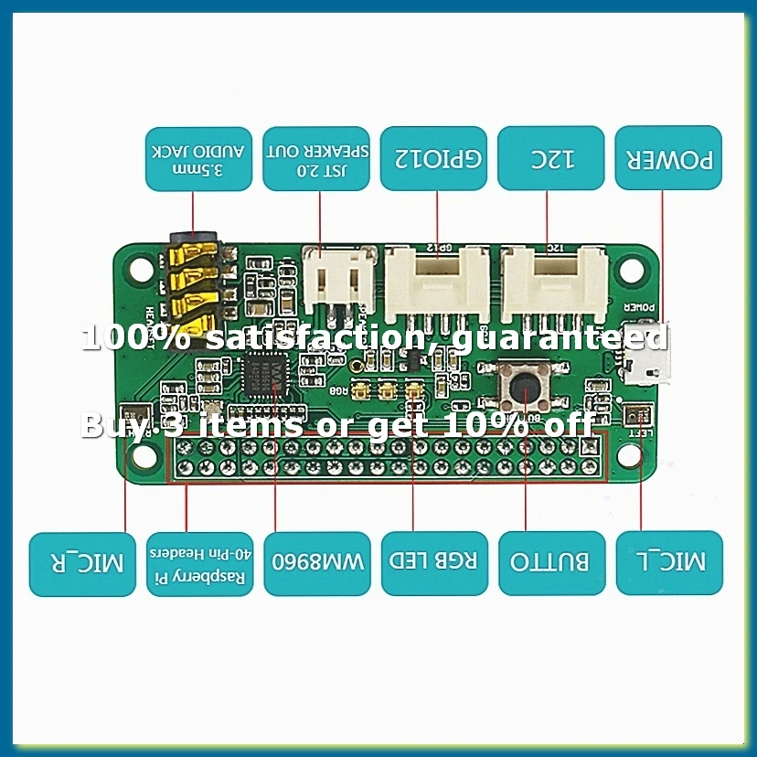 ReSpeaker 2 Mic Pi Hat for 4 Model B Voice Module Dual Microphone Array for Zero 3B