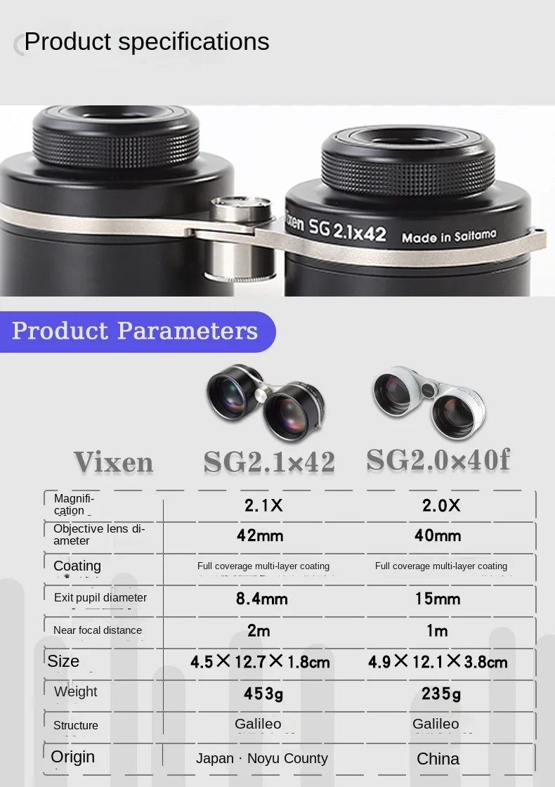 VIXEN SG 2.0X40f SG 2.1X42 Ultra-low magnification binocular constellation mirror with large field of view to observe the starry