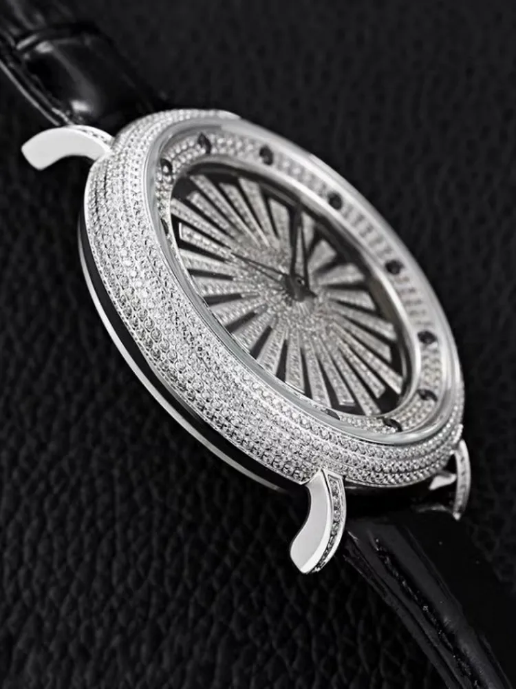 Luxury Business Men Work Quartz Watch Shiny Diamonds Studded Genuine Leather Strap Pin Buckle Watches Designer Wristwatch