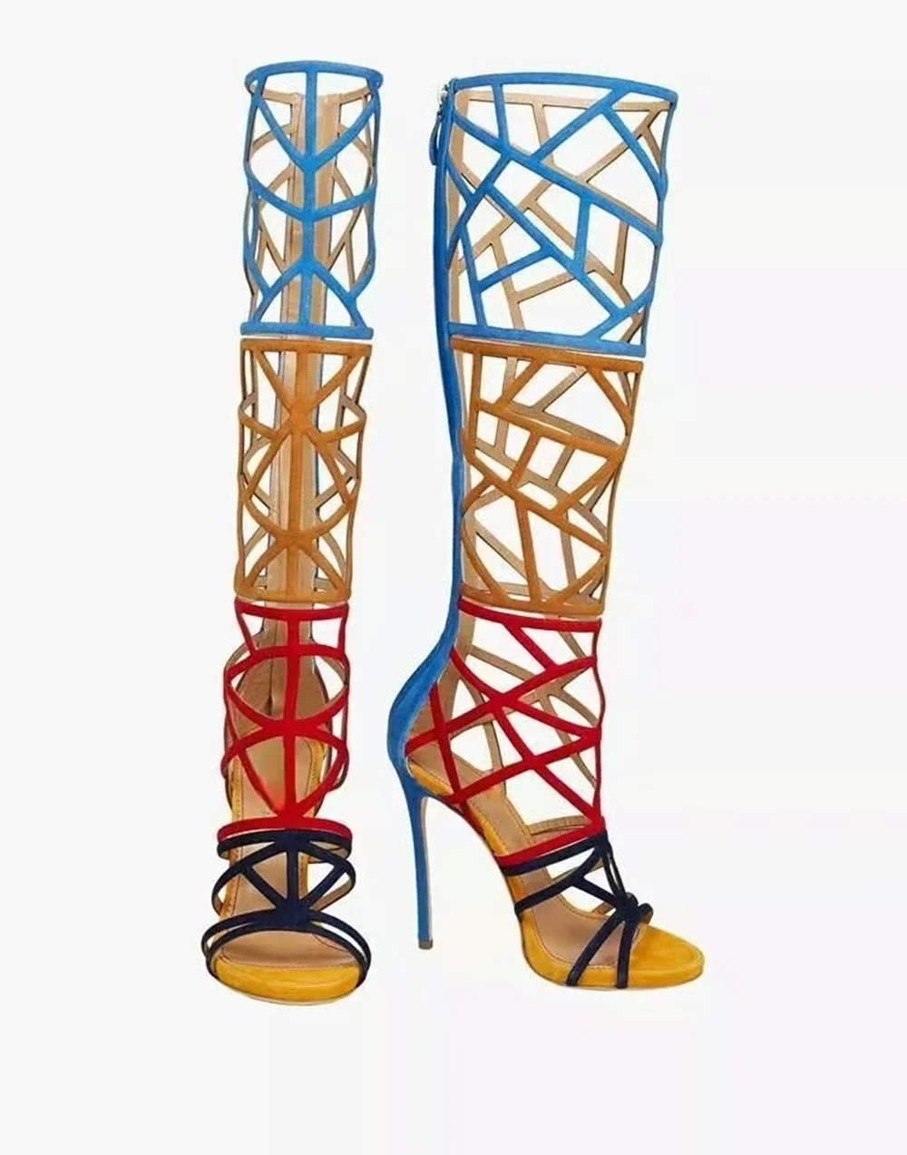 Multicolor Geometric Thigh-High Sandals Contrasting Color Cutout Design Stiletto Heel Open-Toe Avant Artistic Style Runway Looks