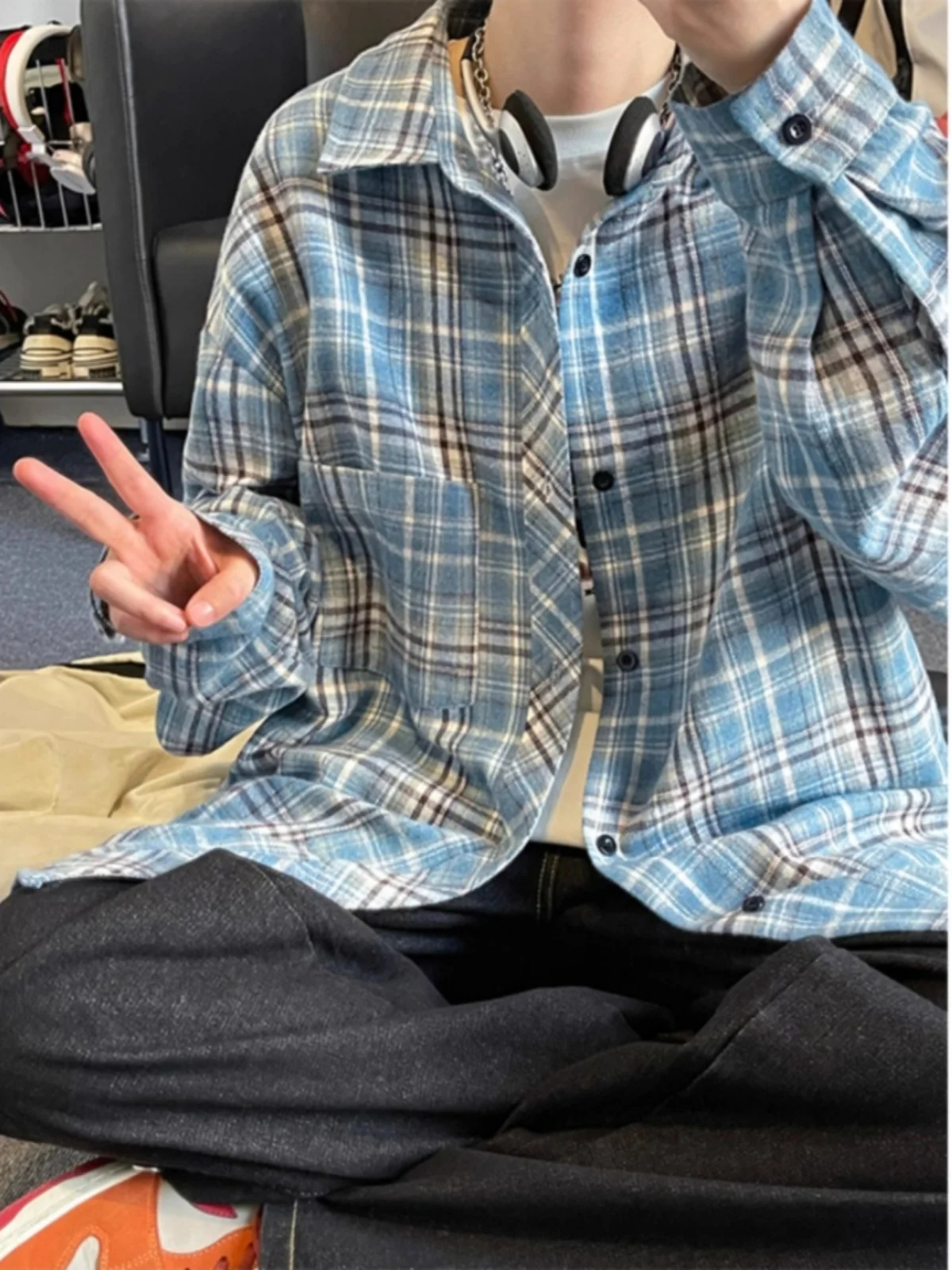 

American Sle Versatile Blue irt Men's Spring Autumn New Retro Haome Inner irt Layering Plaid Jaet