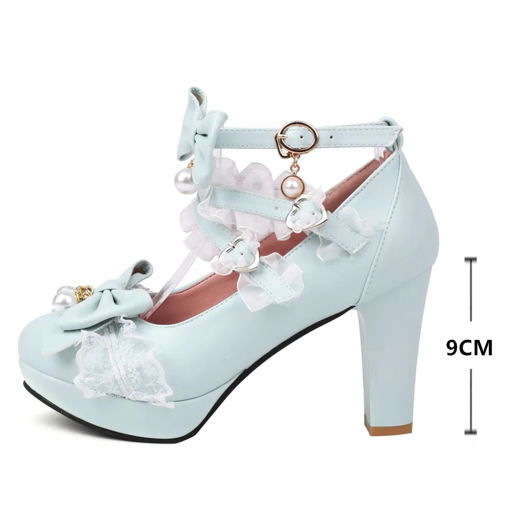 Lolita Japanese Pearl Bow Jk Sweet Cute Strap Super High Heeled Round Head Student Shoes Kawaii Girl Tea Party Cos Loli Vintage