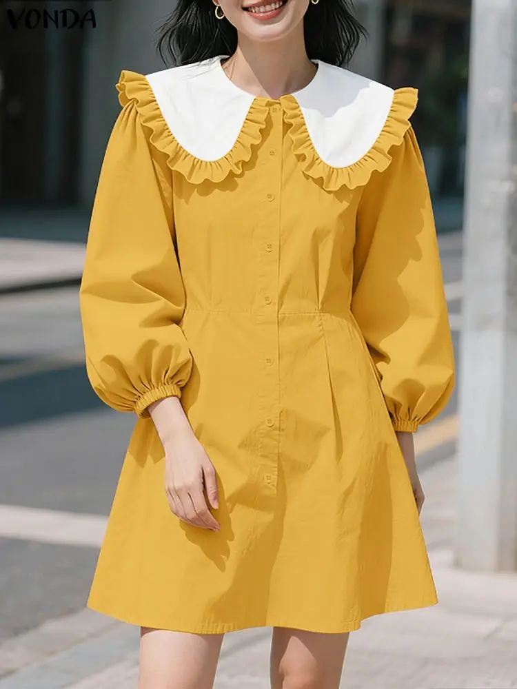 فوندا فساتين قميص عصرية للنساء 3/4 كم فستان صيفي صغير بياقة بيتر بان 2025 أزرار فضفاضة رداء نسائي أنيق غير رسمي للحفلات