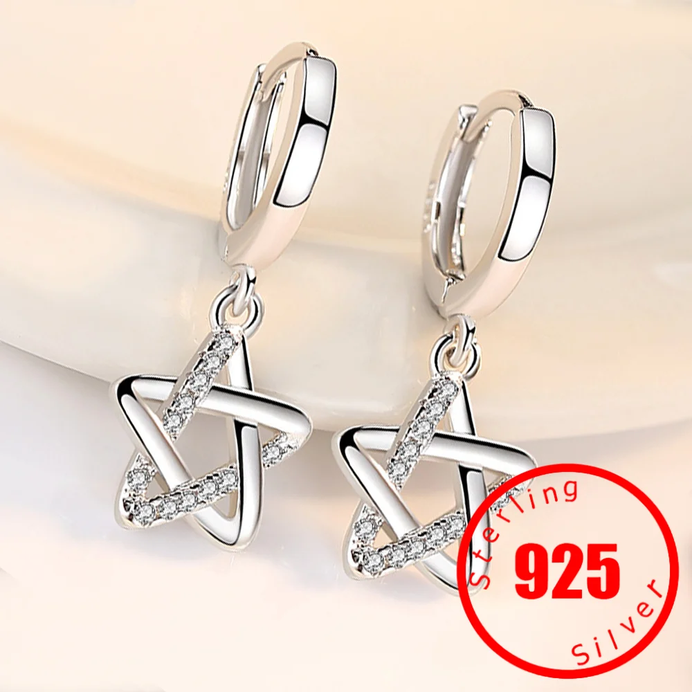 925 Sterling Silver Woman's High Quality Crystal Jewelry Trendy Zircon Star Drop Earrings New