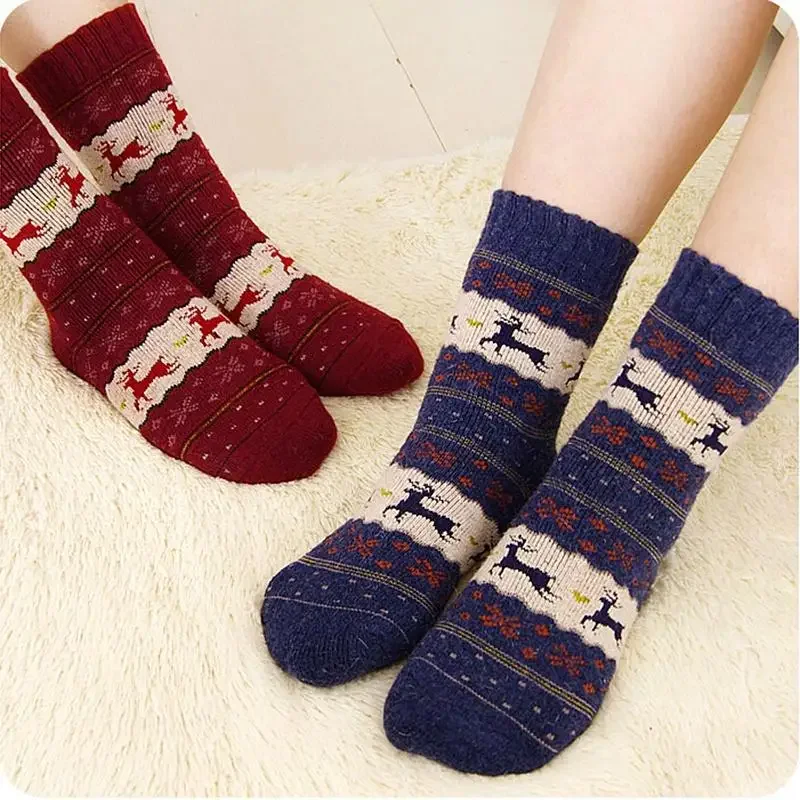 1Pair * Socks / Set Cotton+ Socks Cute Warm Snowflake Deer Christmas Wool Design