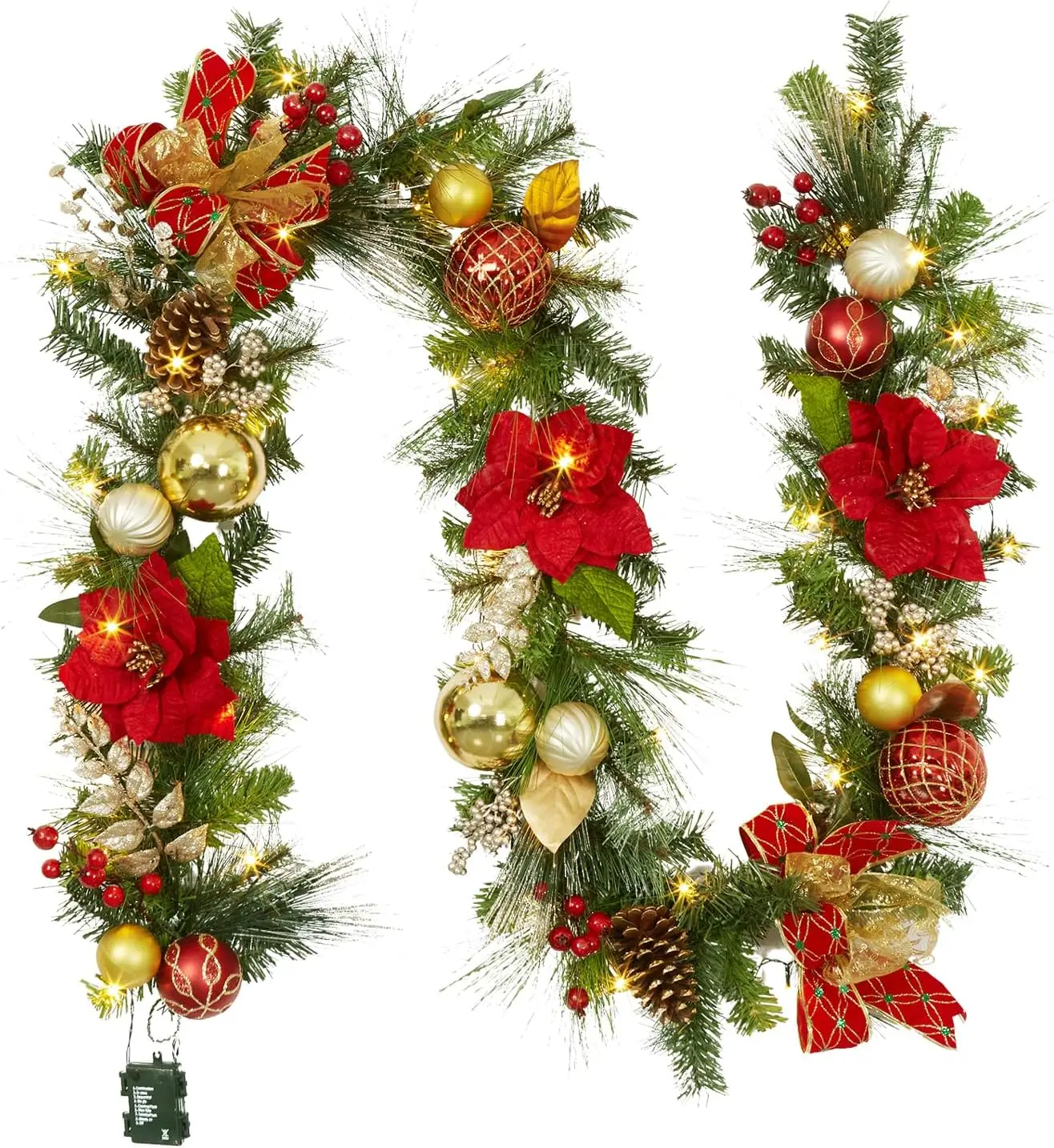 Garvee 9FT Christmas Decorations Artificial Christmas Garland in Red Gold & Silver Winter Wreath Holiday Greenery for Mantel Staircase Fireplace Indoor Outdoor Xmas Decor
