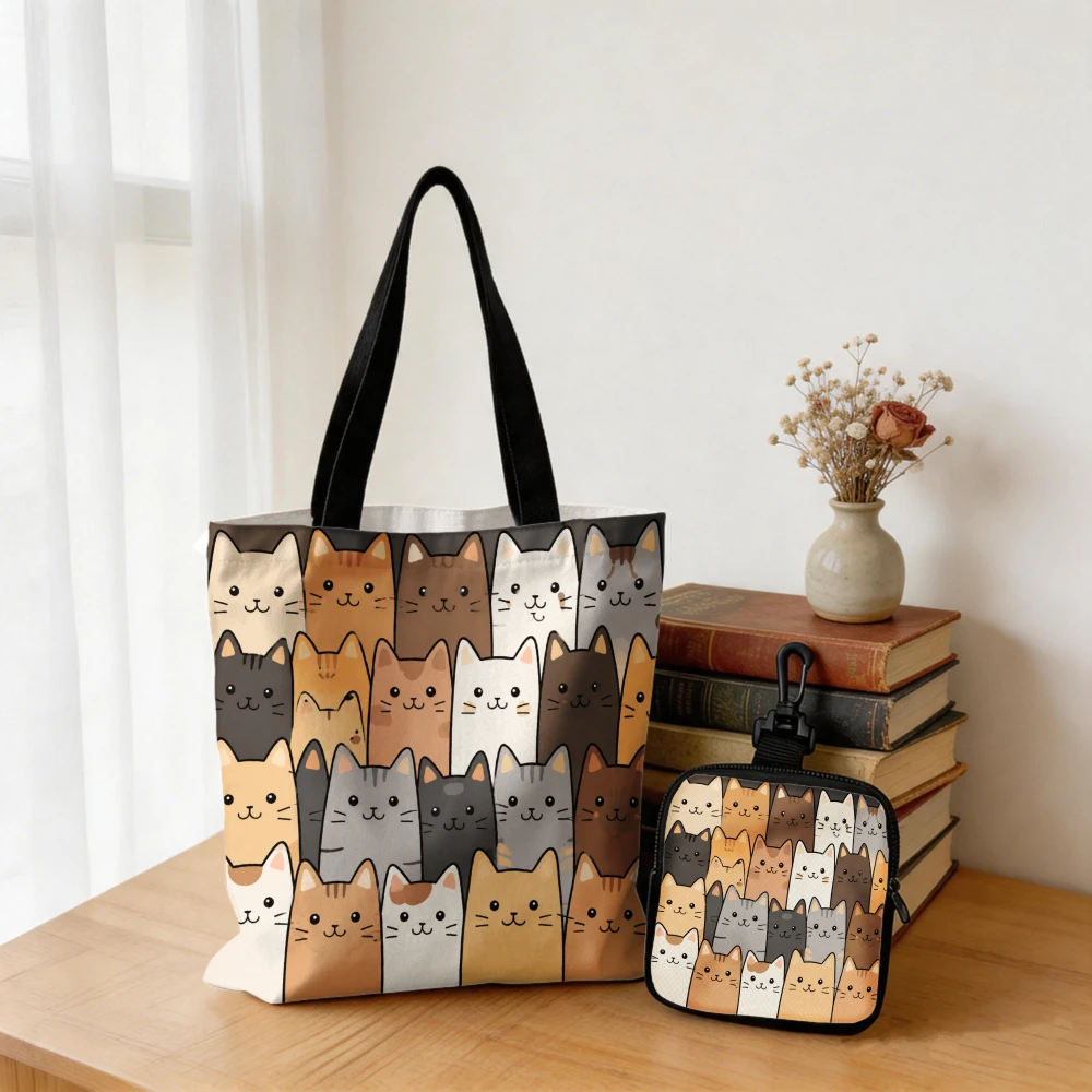 Niedliche Katzen Allover-Print Tragetasche mit Passender Geldbörse - Mehrfarbiges Kätzchen-Einkaufstaschen-Set für Katzenliebhaber, Geschenk für Katzenmütter