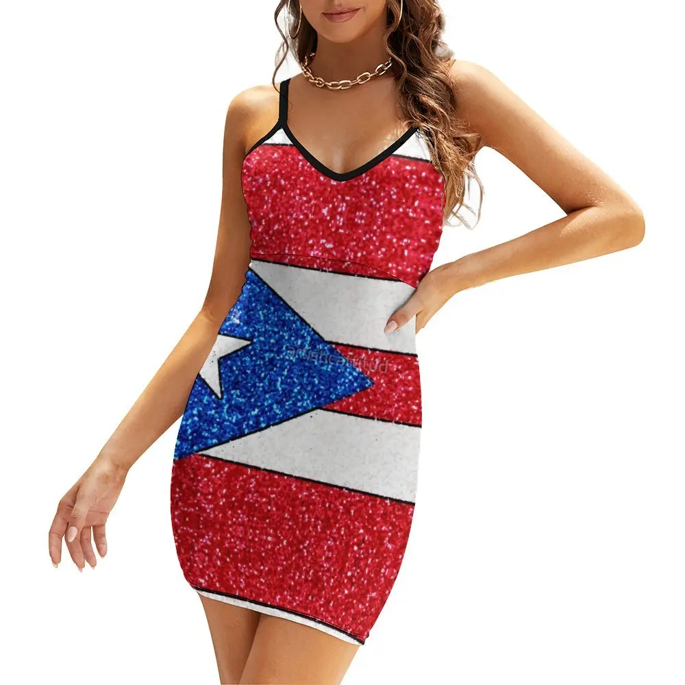 Exotic Woman\'s Dress The Dress Glitter Puerto Rico Flag Women\'s Sling Dress Funny Parties Funny Novelty