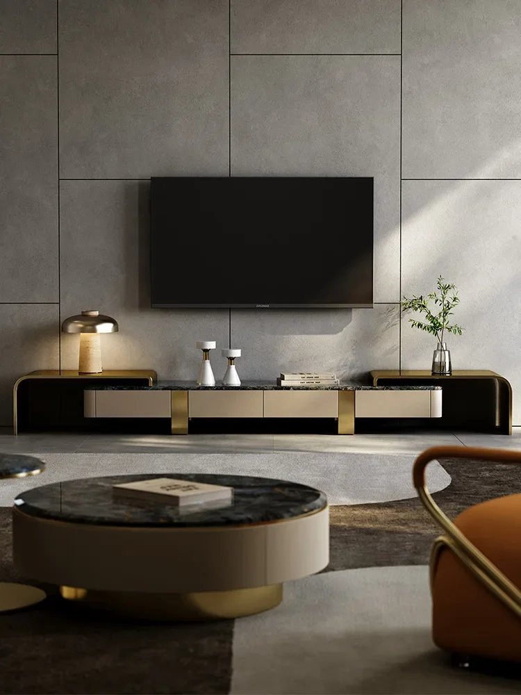 Light Luxury Natural Marble Retractable TV Cabinet Living Room High-End Coffee Table Floor Cabinet Combination