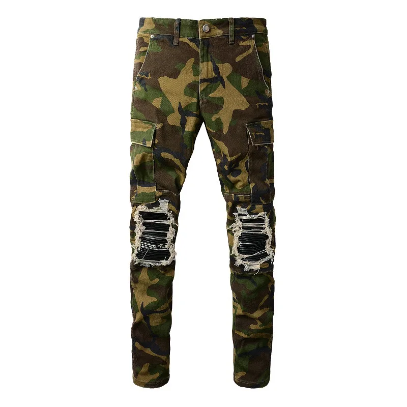 

American high street men camouflage jeans outdoor ripped elastic slim pants