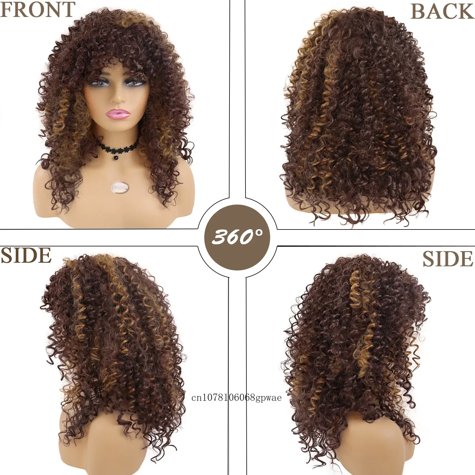 Synthetische dames medium afro krullende pruiken blond mix bruin pruik met pony pluizig Afrikaans kapsel pruik voor vrouwen dagelijks cosplay