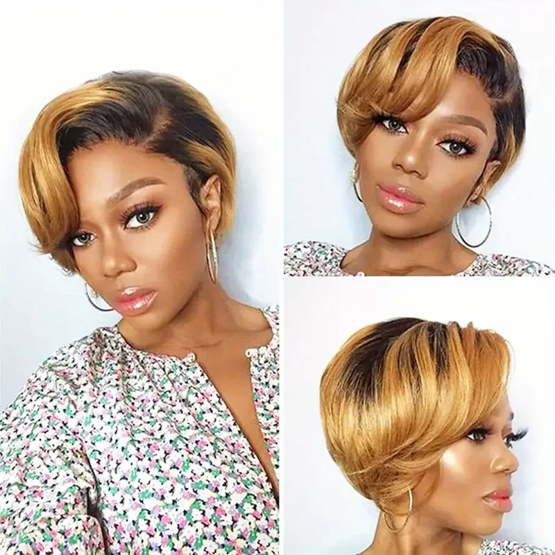 Brazilian Human Hair Wigs Short Bob Wig T Part Transparent HD Lace Front Wig For Women Pixie Cut Frontal Wigs 1B/27 Burgundy 99J