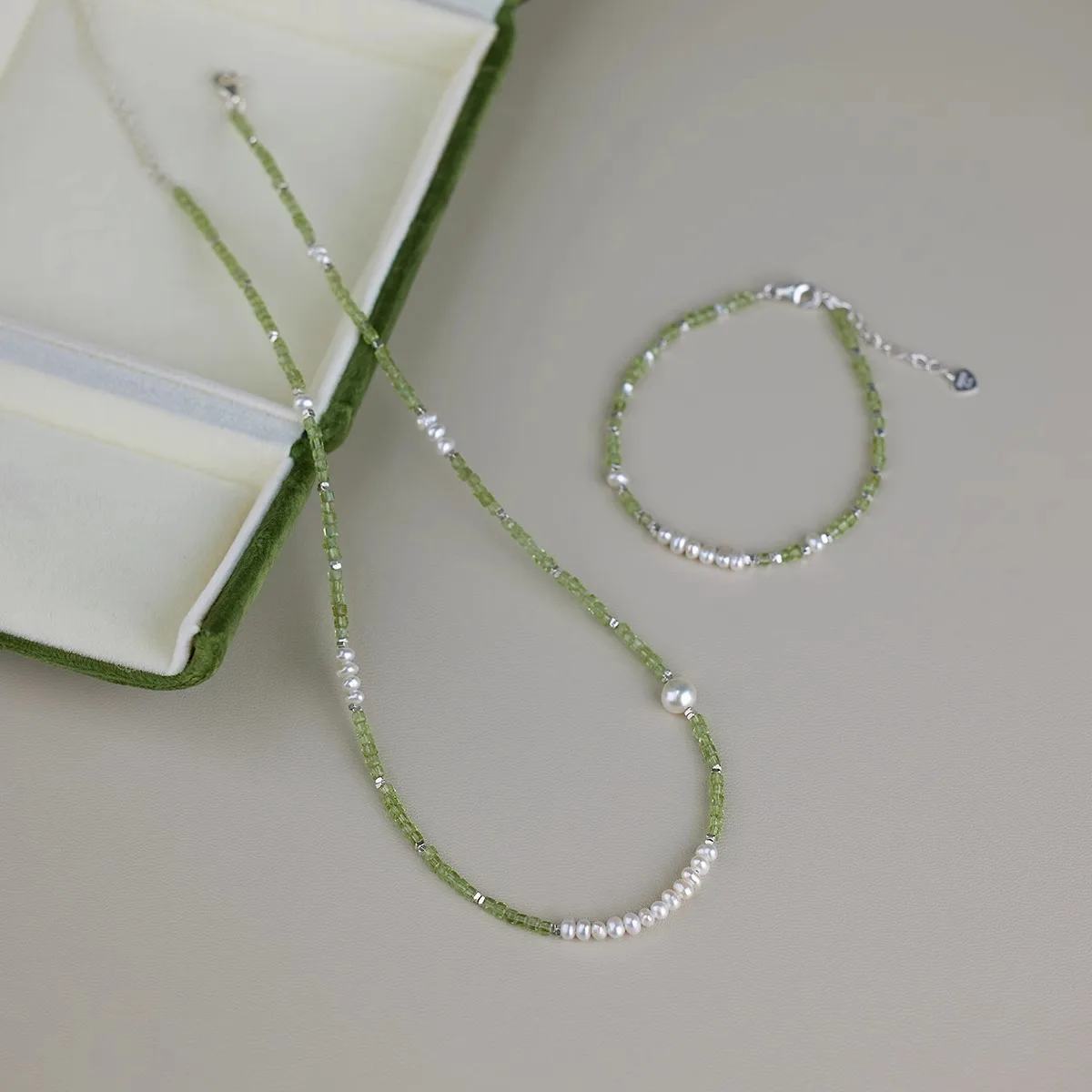 100% Natural Freshwater Pearl & Olivine 925 Sterling Silver Female Jewelry Sets For Women Necklace Bracelet Wedding Gifts