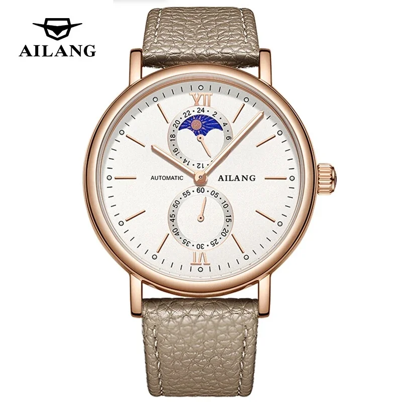 AILANG Men's Quartz Watch with Leather Strap Waterproof Luminous Moon Phase Feature - High Quality Top Brand Timepiece