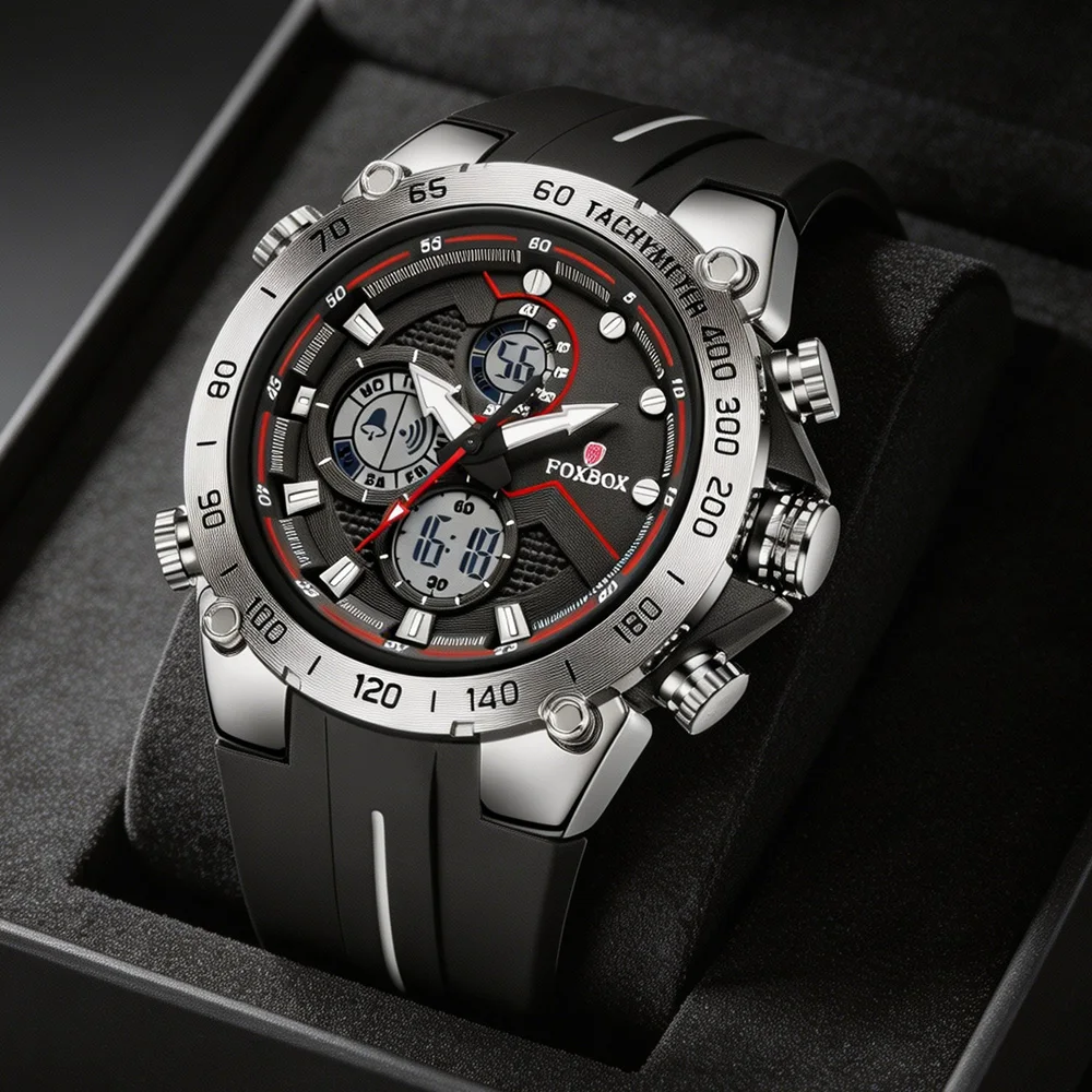 FOXBOX Fashion Men's Sports Watch Waterproof LED Analog Digital Dual Display Electronic Clock Stopwatch Men Quartz Wristwatch