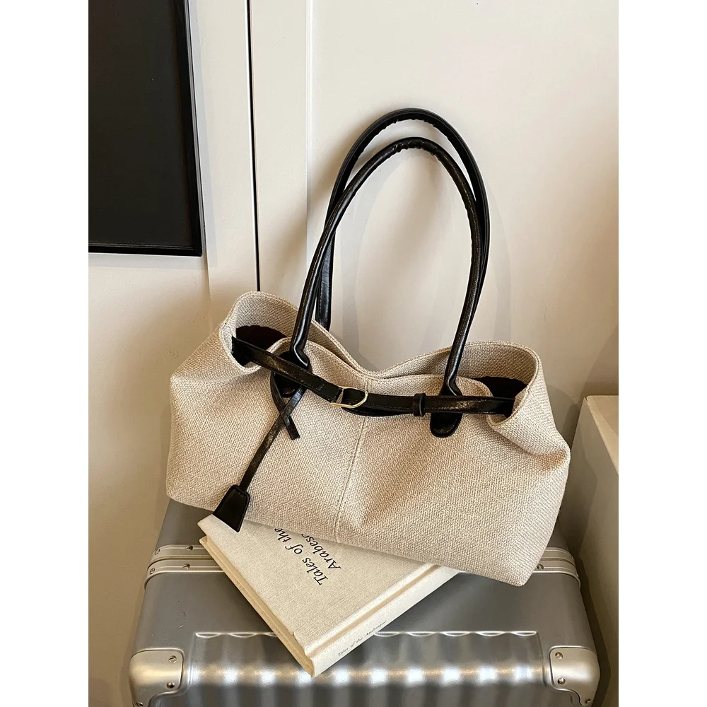 

Leisure large capacity canvas bag for women 2025new versatile commuting single shoulder armpit bag contrasting color hand-held