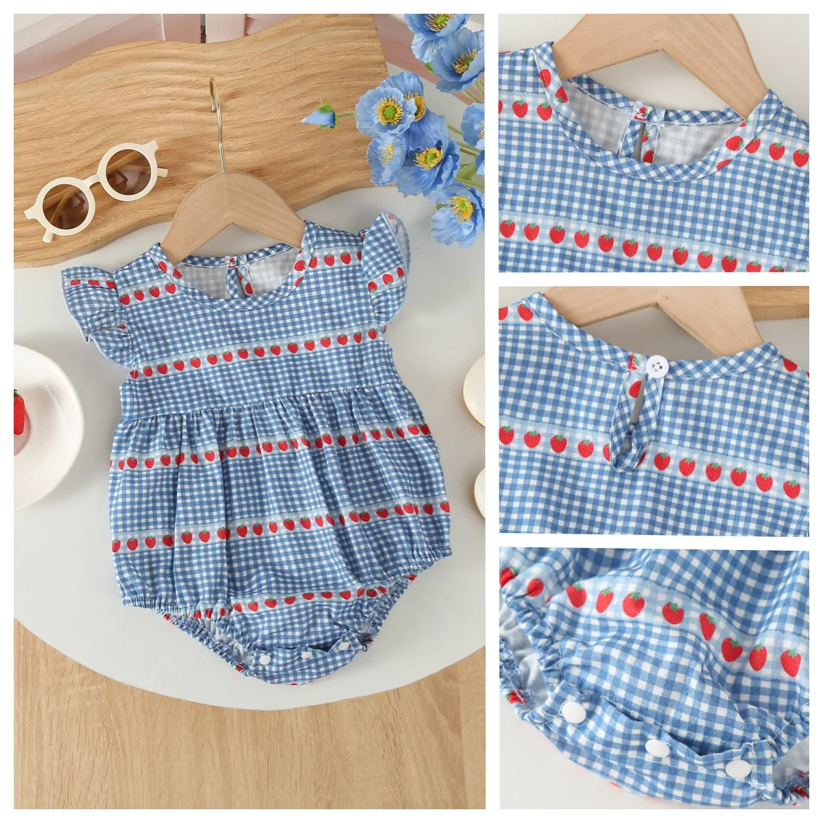 

Korean Style Strawberry Print Gingham Check Baby Summer Bodysuit Pure Cotton Newborn Girl Breathable Easy Wear