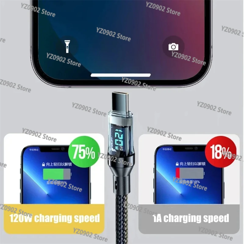 كابل شحن فائق السرعة بقدرة 120 وات - سلك بيانات NNBILI LED من النوع C إلى USB-C لهاتف Huawei Oppo Vivo