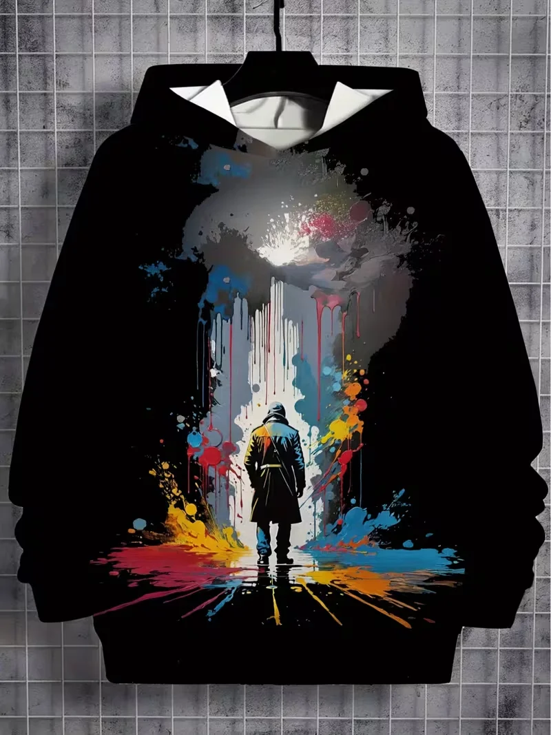 Color Splash Lone Walker Graffiti Art Print Pullover Hoodie, Abstract Street Art Long Sleeve Casual Hooded Sweatshirt for Men