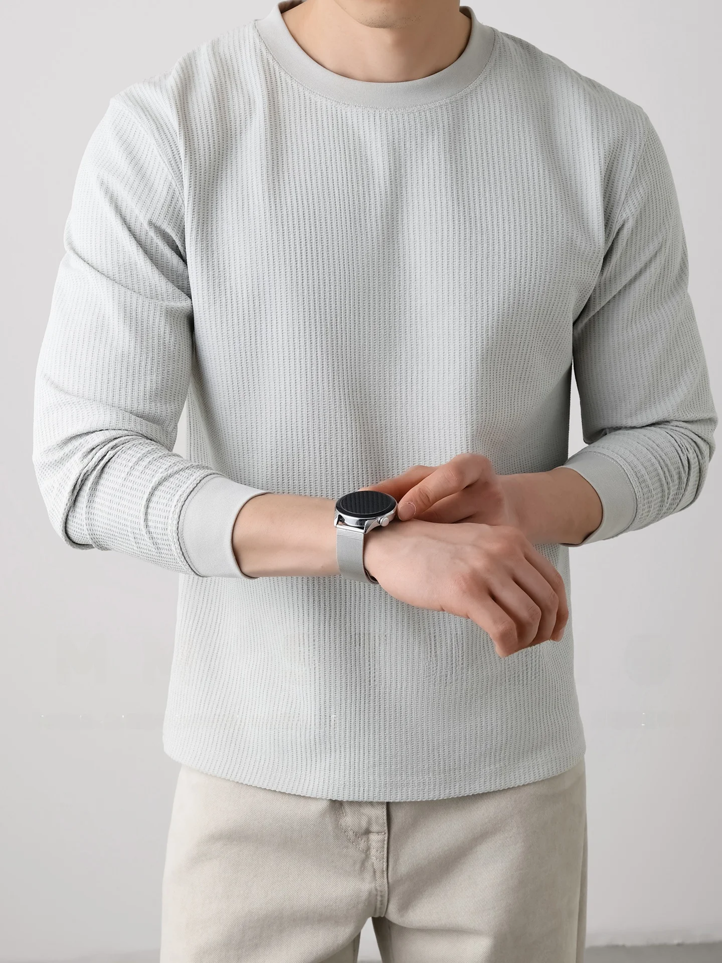 Lightweight Honeycomb Texture Long Sleeve T-Shirt Men's Simple Design Base Shirt Casual Style Polyester Fiber Breathable
