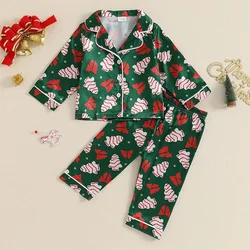 Baby Girls Satin Christmas Pajama Sets Long Sleeve Lapel Christmas Tree Bow Print Shirt Pants Sleepwear