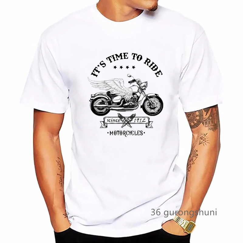 It'S Time To Ride Motorcycles Cool Bicycle Graphic Print Men Tshirts Summer Fashion Hip Hop Men'S Tshirt White Short Sleeve Tops