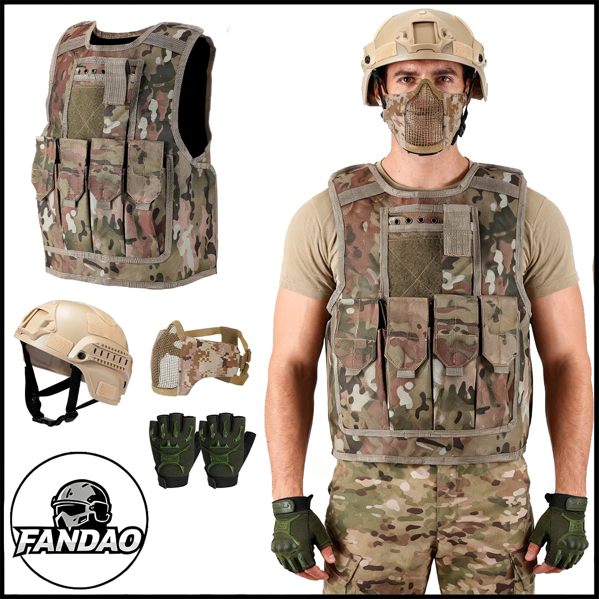 4 عبوات سترة تكتيكية خوذة قفازات قناع مجموعة التدريب في الهواء الطلق القتالية الصيد والعتاد الادسنس الألوان اطلاق النار سترة واقية