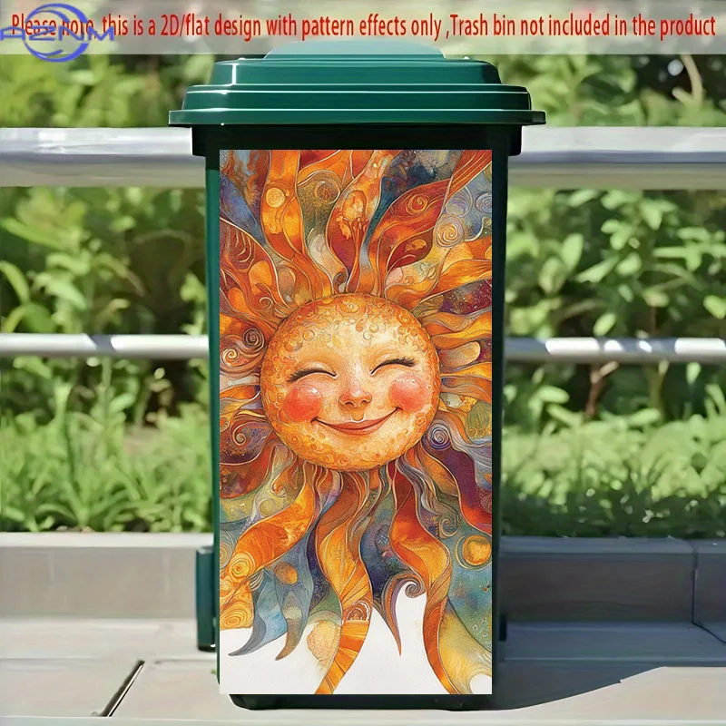 Modern Trash Can Sticker | Whimsical Swirls And Cheerful Sun Face Decal, Self-Adhesive Removable, High-Glossy Polyvinyl, 12.2X