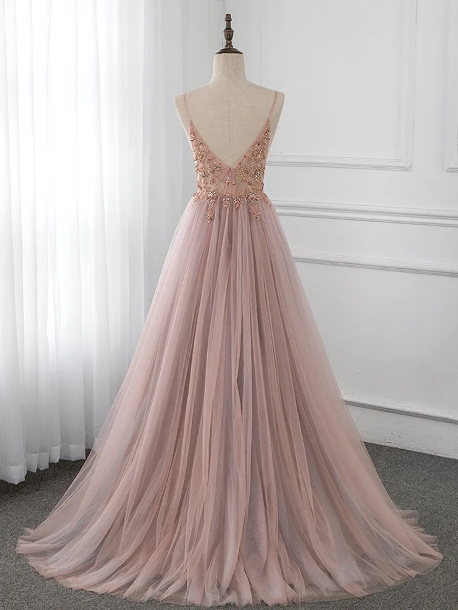 Luxury Dusty Pink Bridesmaid Dresses Spaghetti Straps V-Neck Rhinestones Beading Crystal Wedding Paety Formal Prom Evening Gowns