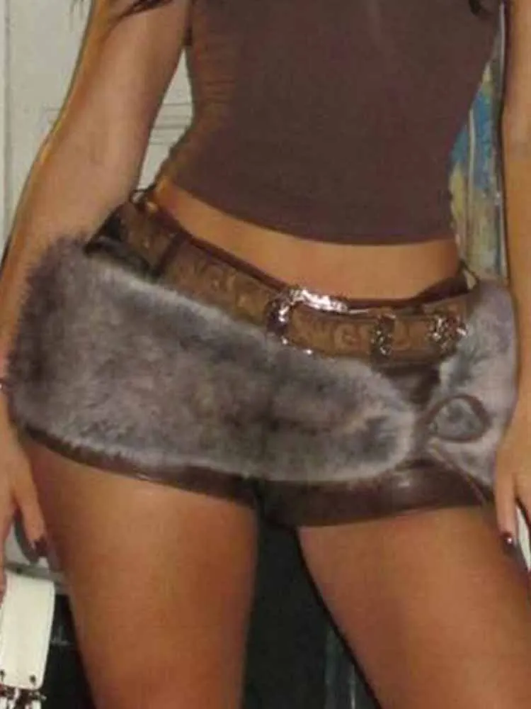 

BKQU Сексуальные мини-шорты из искусственной кожи с низкой талией и меховым поясом на шнуровке, винтажная хипстерская модная клубная уличная одежда Y2K с узким низом