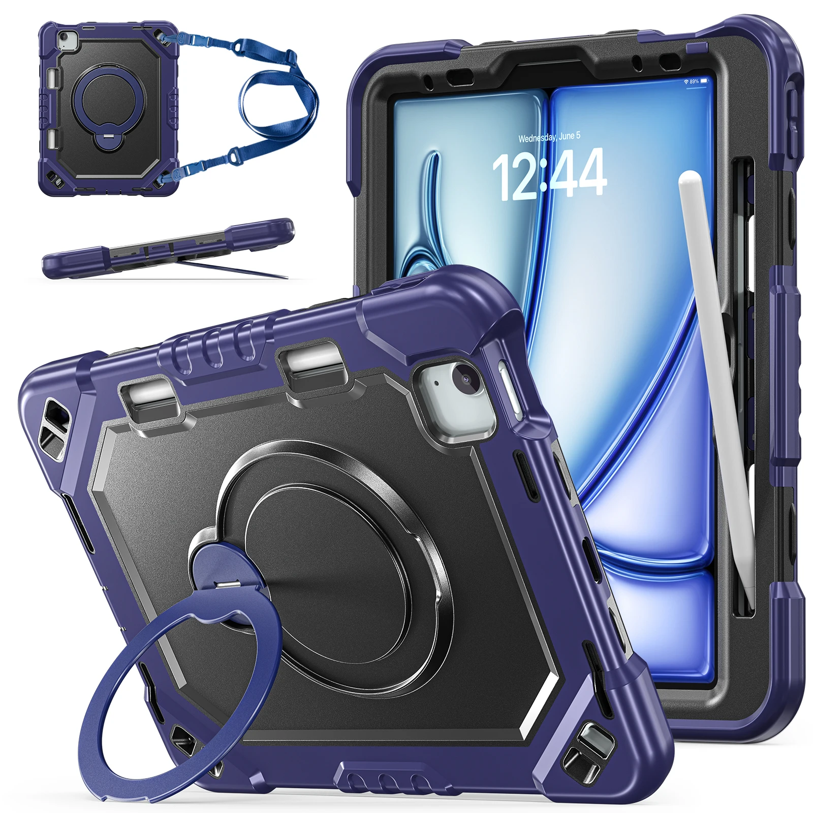 

For Apple iPad Air 11 2025 2024 pro 11 2022 2021 2020 2018 Air 4 /5 10.9 Tablet Case 360 Rotation with pen slot Shoulder Strap
