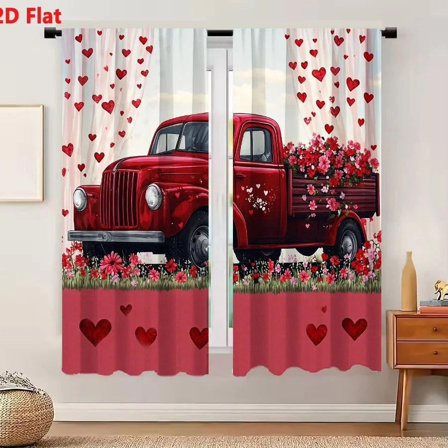 2Pcs Curtains Add 2D Flat Vintage Red Pickup Truck In Flower Field With Hearts Window Drapes for Bedroom Room Decor Decoration W