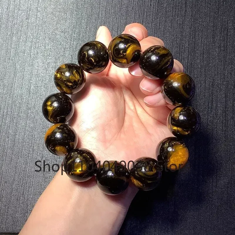 Natural Black Beeswax Bracelet Yellow Nectar Amber Buddha Beads Bracelet Hand-carved Retro Luxury Jewelry for Men and Women