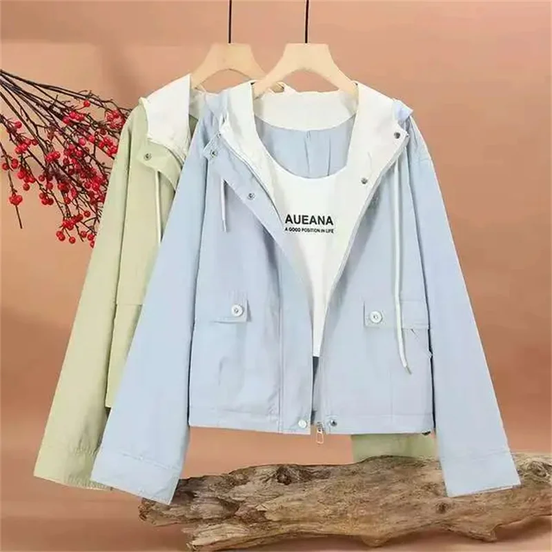 

White Hooded Coat Woman Spring Autumn Thin 2025 New Windbreaker Jacket Fashion Loose Outerwear Casual Short Overcoat Female Tops